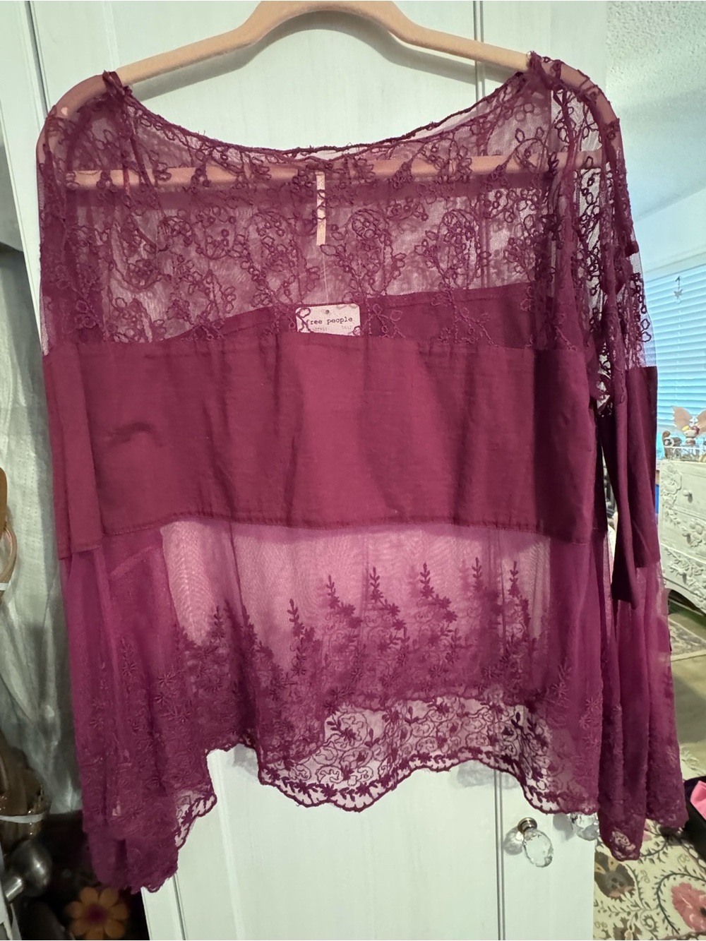 Free People Sheer Lace Panel Long Sleeve Top - Plum